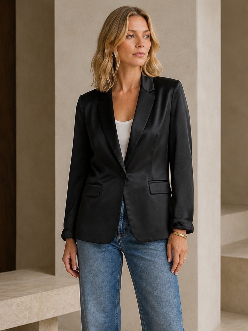 Michael Stars Black Satin Single Breasted Blazer Large - Picture 2 of 12